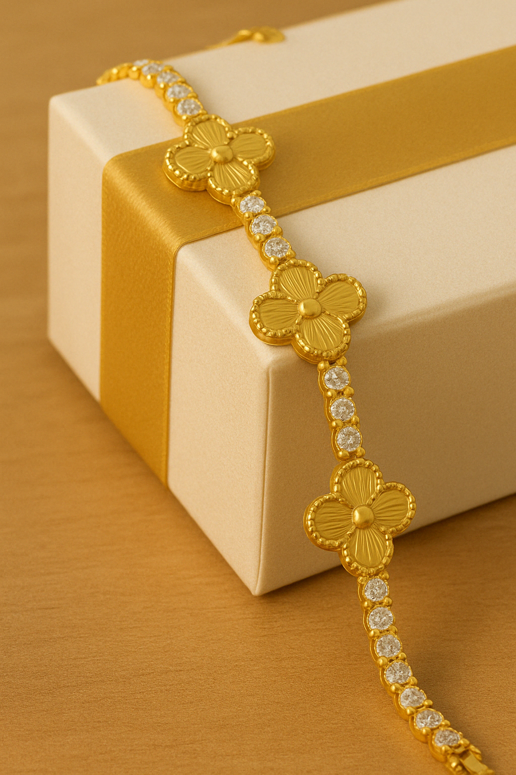 Gold clover tennis bracelet with luminous white crystals on a woman wrist