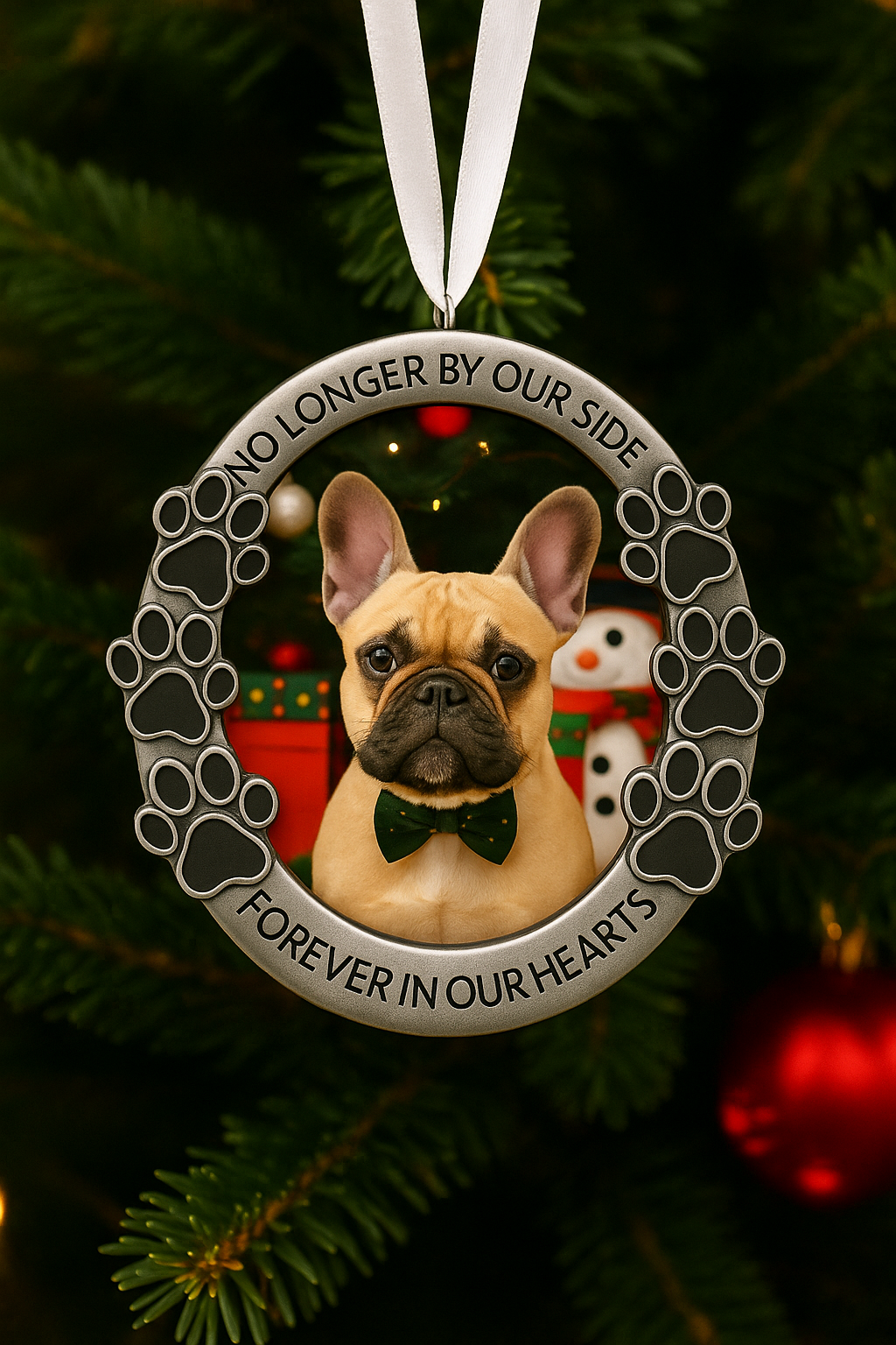 Frenchie dog photo inside paw print memorial ornament hanging on Christmas tree, personalized pet remembrance keepsake.