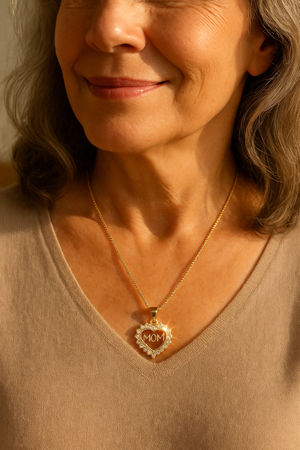 Grandma Close-up of luxury heart necklace with MOM