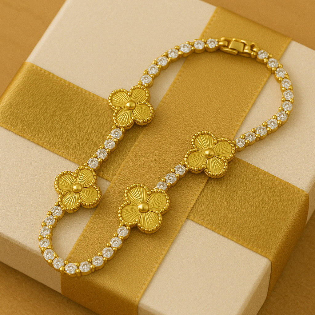 Elegant close-up of Clover Royale bracelet with sparkling crystal accents