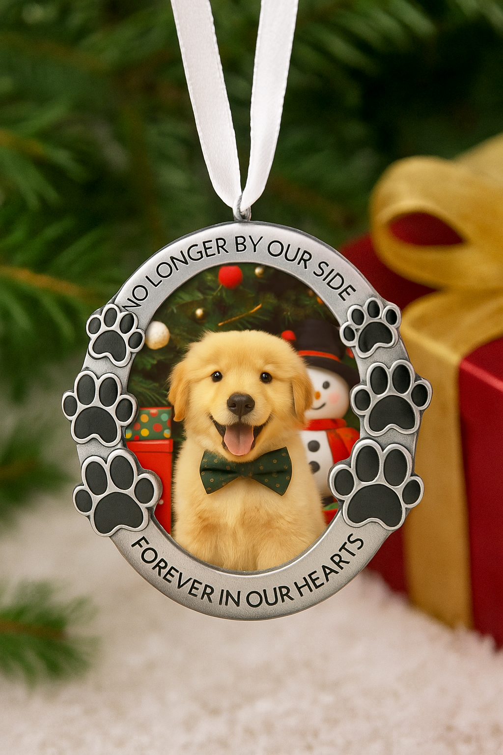 Golden Retriever memorial photo ornament with paw print frame and Christmas background – No Longer By Our Side, Forever In Our Hearts