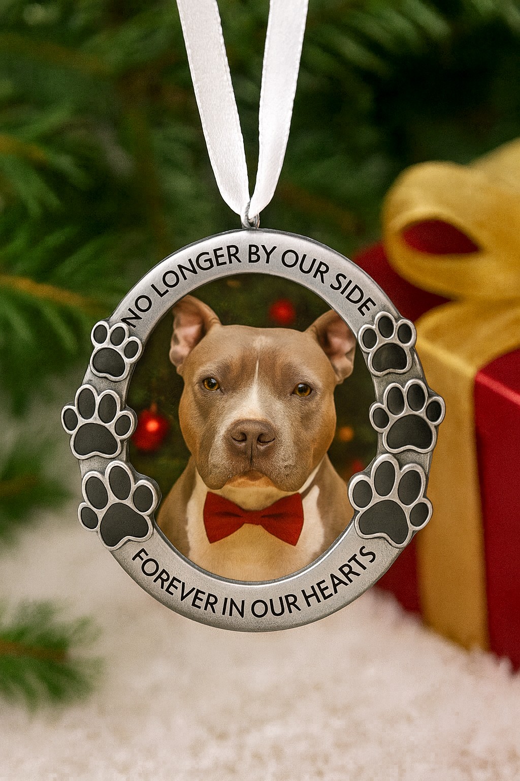 Pitbull wearing bow tie inside paw-print memorial ornament with holiday background – personalized pet remembrance gift