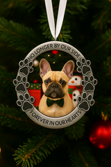 Frenchie dog photo inside paw print memorial ornament hanging on Christmas tree, personalized pet remembrance keepsake.