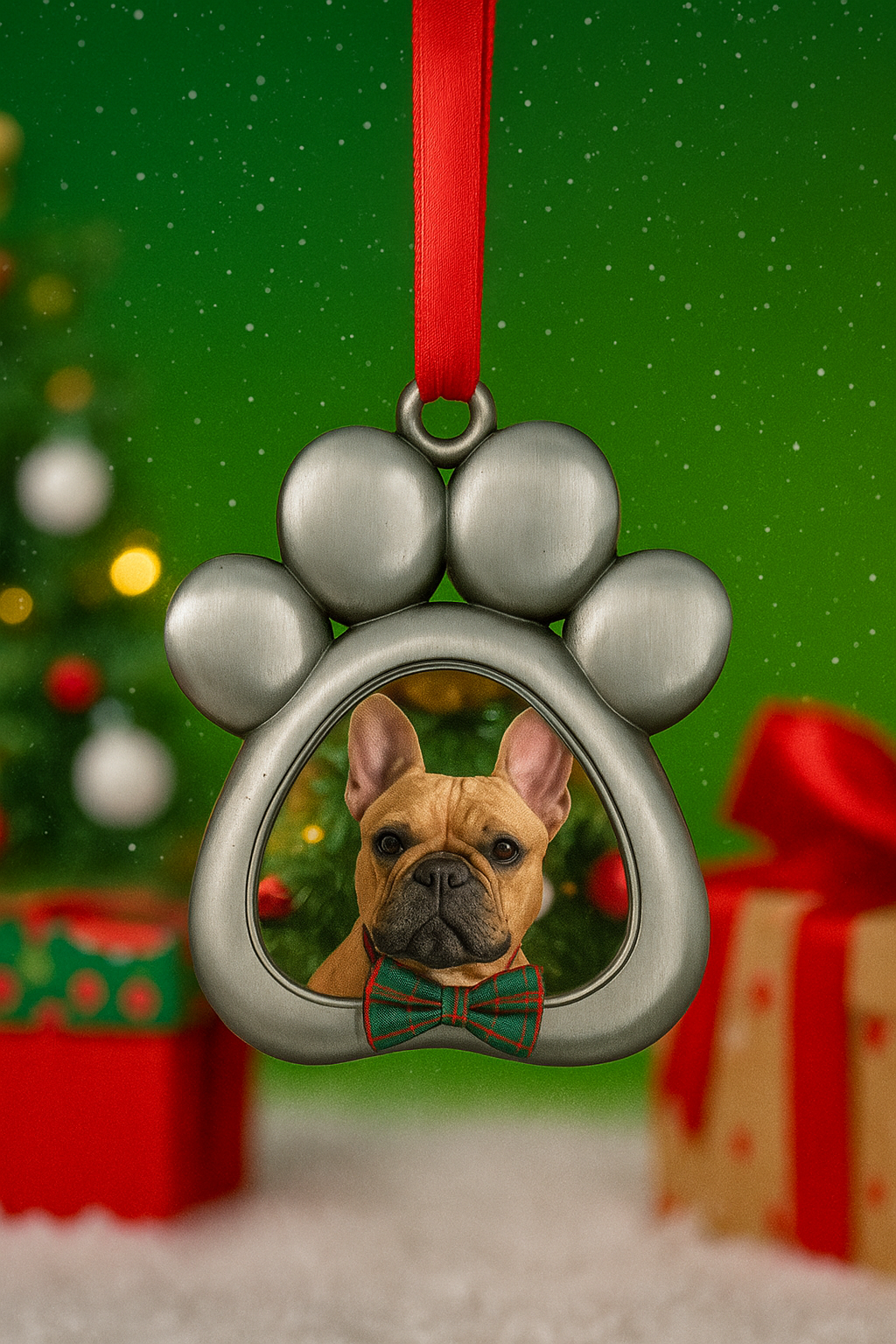 Custom dog or cat paw print ornament with red ribbon holiday pet photo decoration