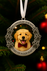 Golden Retriever memorial photo ornament with paw print frame and Christmas background memorials image