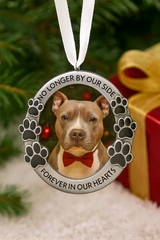 Pitbull wearing bow tie inside paw-print memorial ornament with holiday background – personalized pet remembrance gift